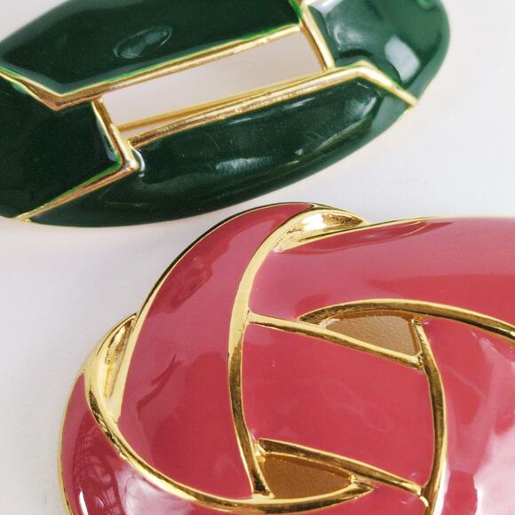Vintage Napier Signed Goldtone Pink Enamel 2.25" Pendant & 2" Green Brooch Pin - Picture 4 of 5